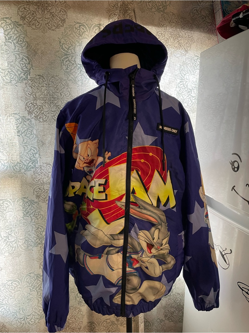 Members Only Purple Space Jam Graphic Hooded Puffer Jacket